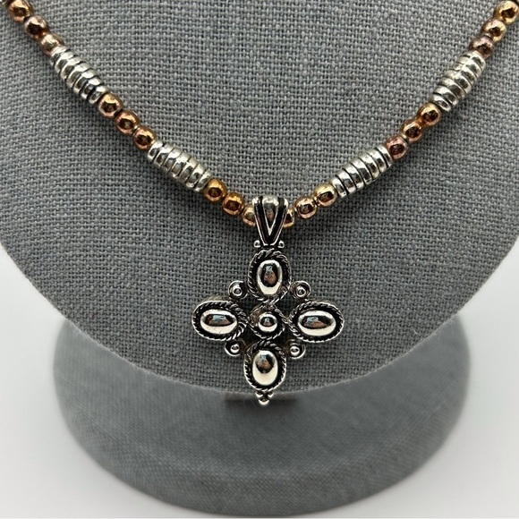 Vintage Napier Silver Tone Spiral Beaded with Bronze Beads Cross Flower Necklace - Picture 2 of 12